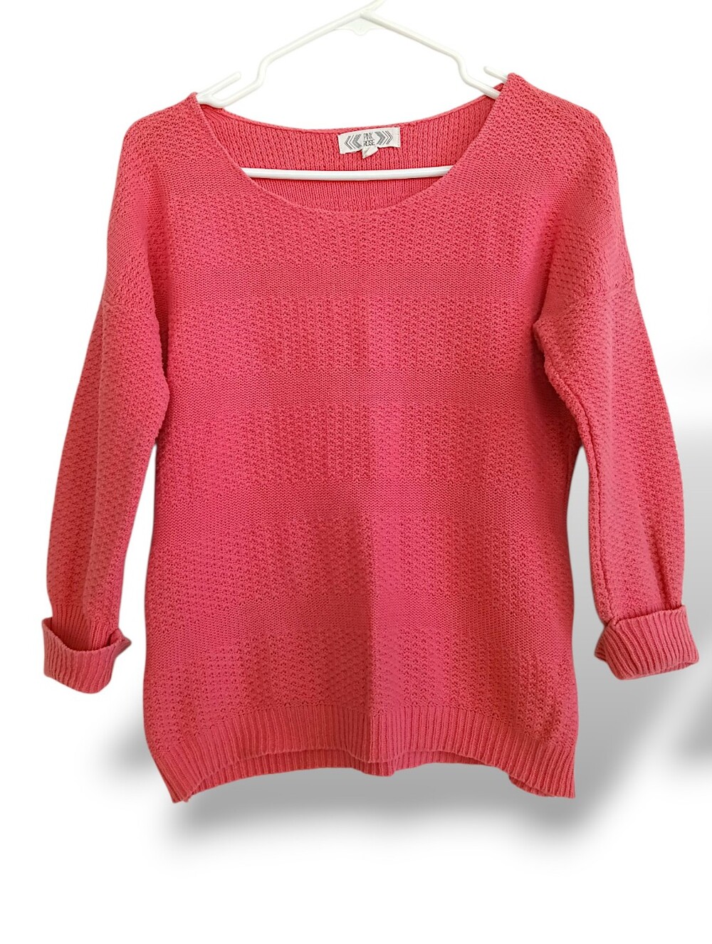 Pink Rose Coral Scoop Neck Knit Sweater Lightweight Girly Layers 3/4 Sleeves LG